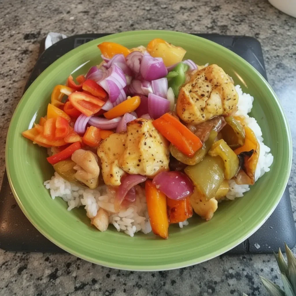 Sheet Pan Hawaiian Pineapple Chicken with colorful vegetables and pineapple pieces.
