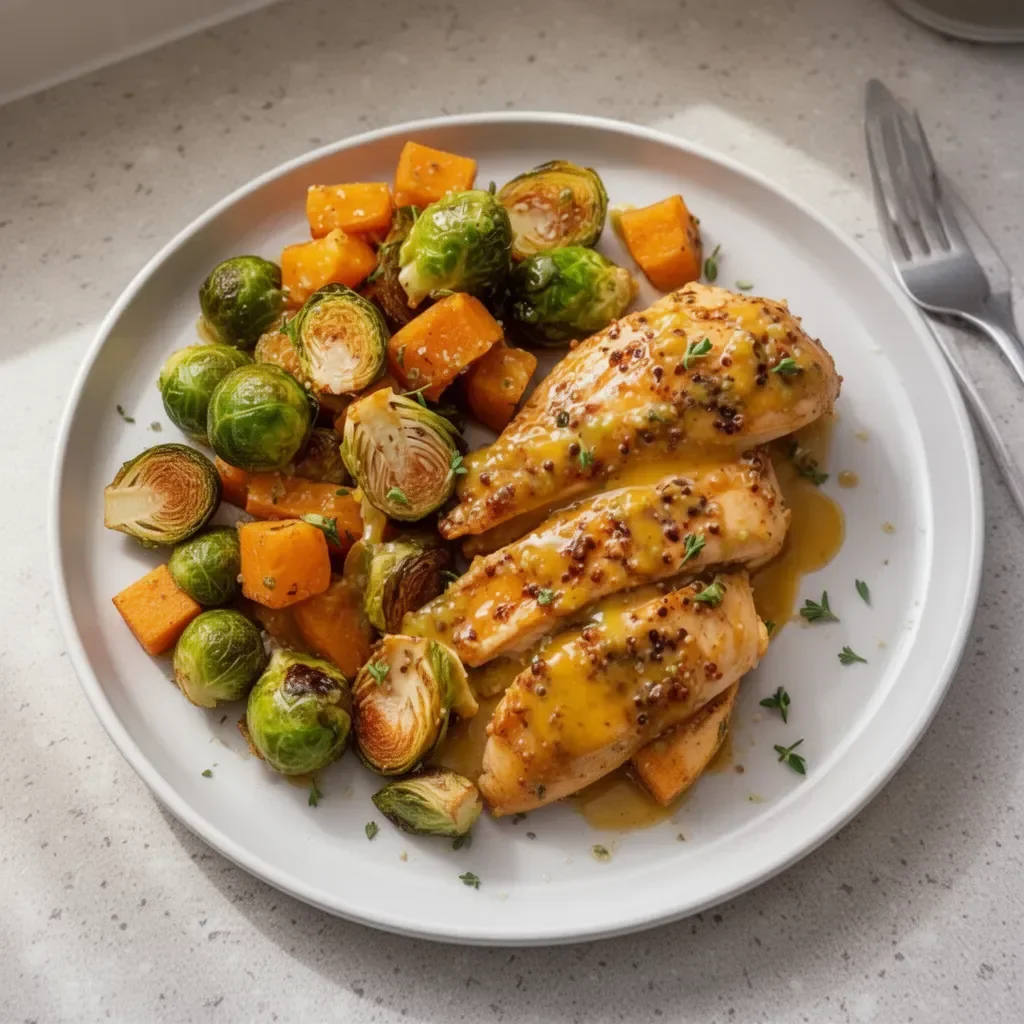 Sheet pan of honey dijon chicken with sweet potatoes and brussels sprouts