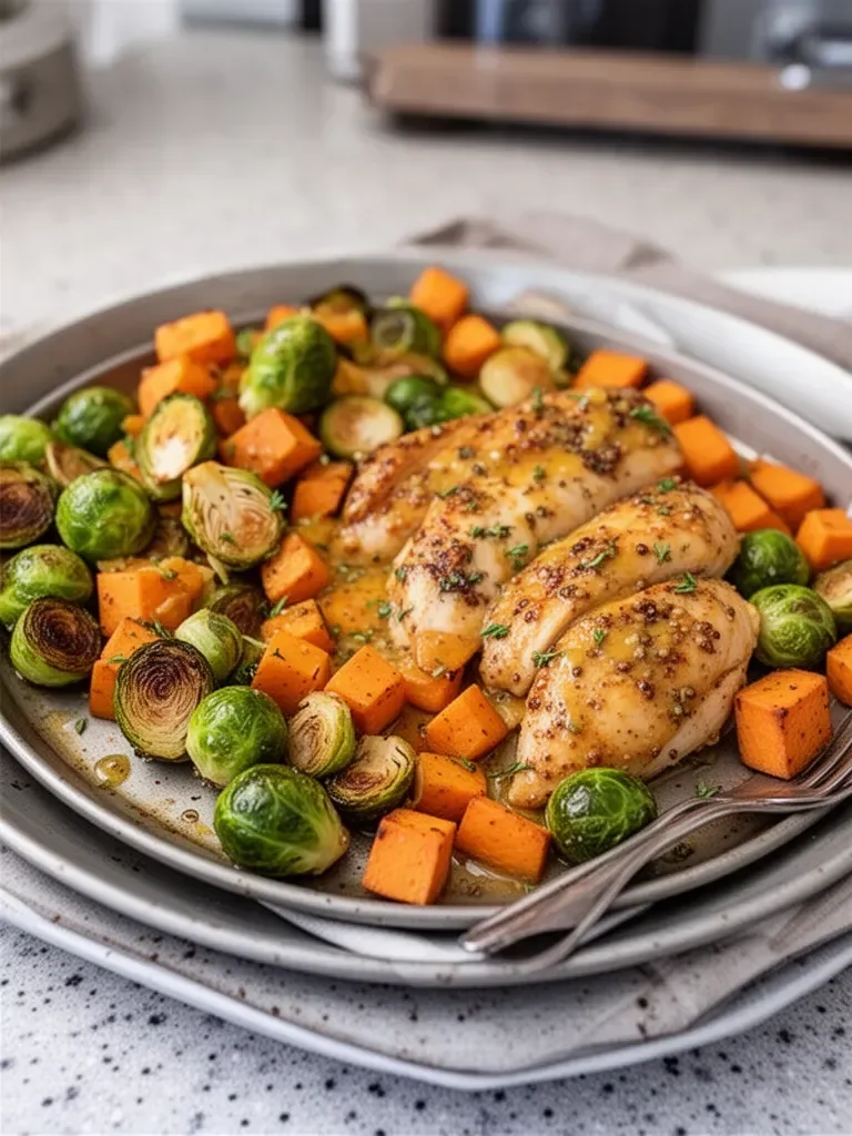 Sheet Pan Honey Dijon Chicken with Sweet Potatoes and Brussels Sprouts