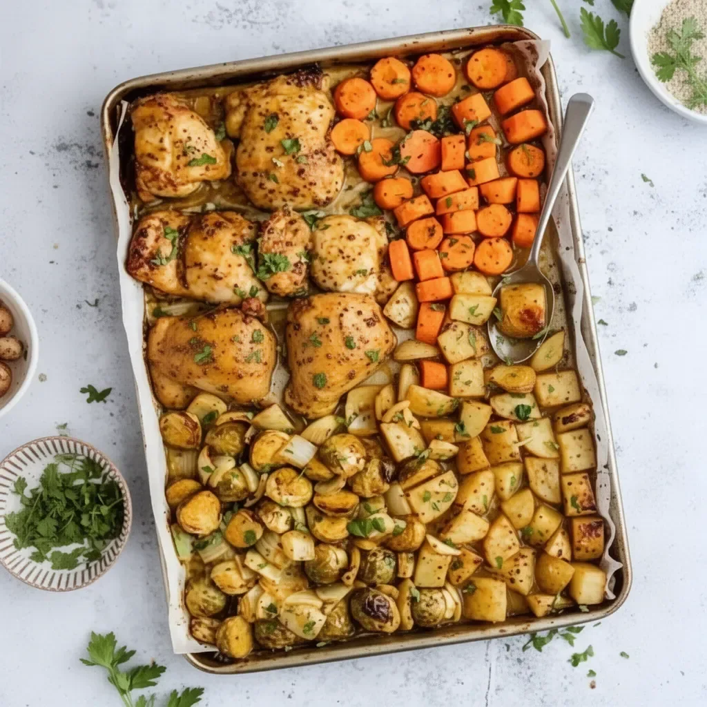 Sheet Pan Honey Mustard Chicken with vegetables on a baking sheet.