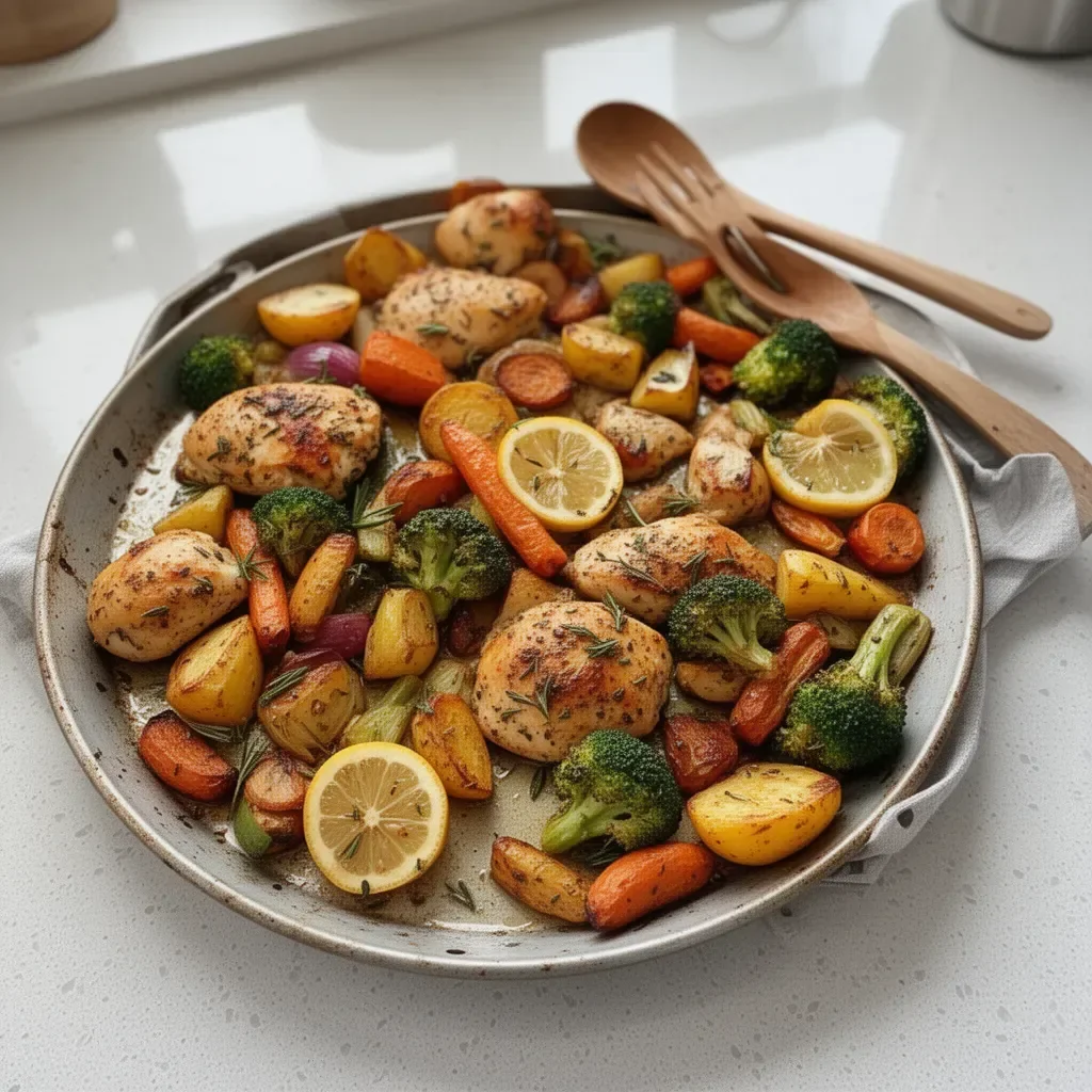 Sheet pan lemon herb chicken with seasonal vegetables served for dinner