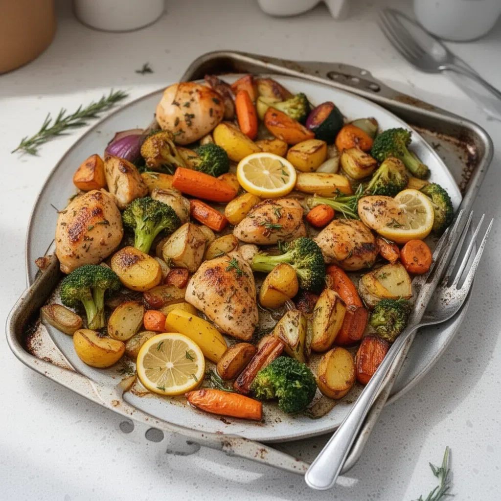 Sheet Pan Lemon Herb Chicken and assorted vegetables ready to serve.