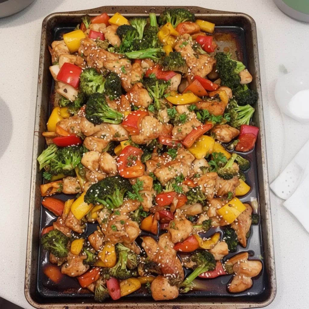 Sheet Pan Teriyaki Ginger Sesame Chicken with Broccoli ready to eat