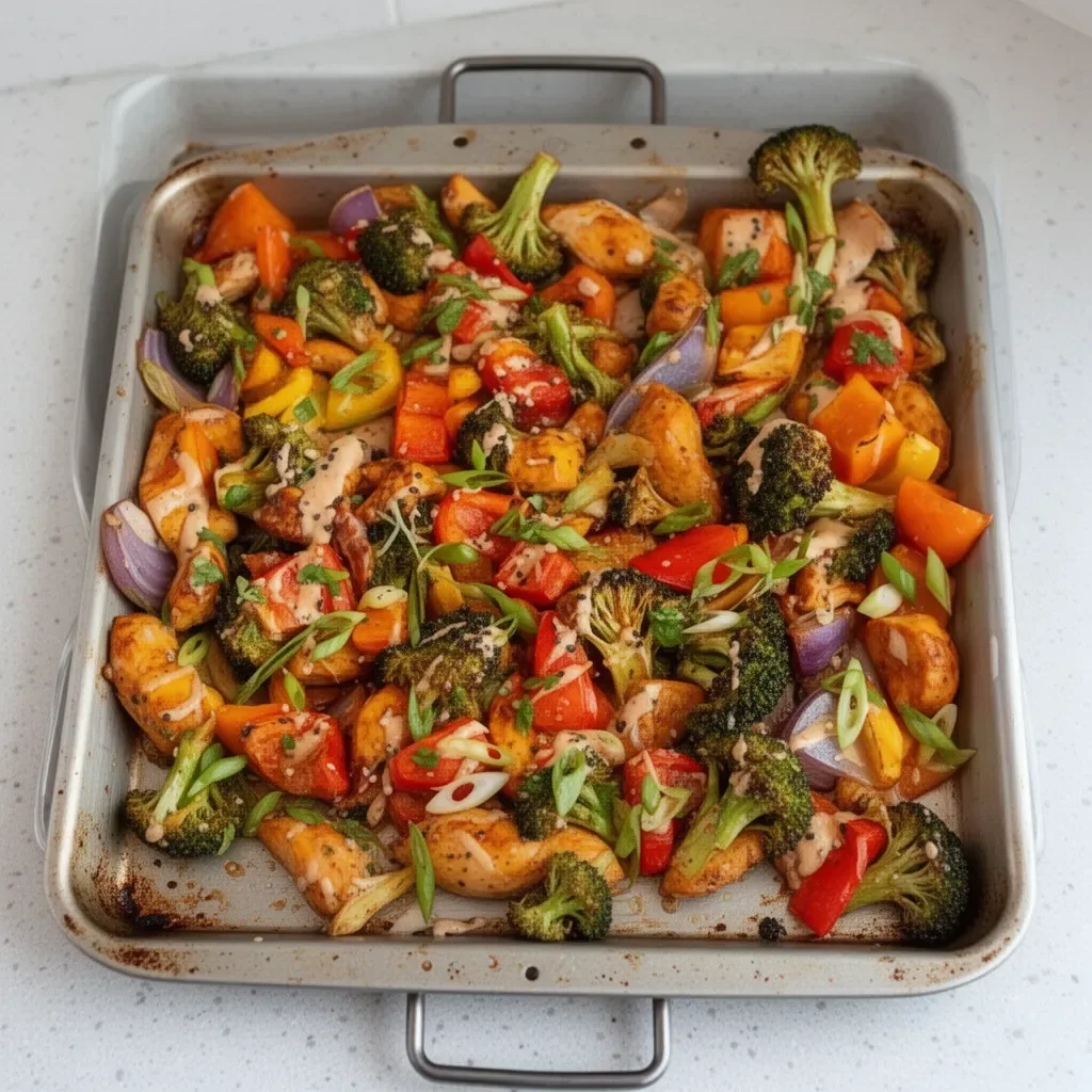 Sheet Pan Thai Chicken Dinner with colorful vegetables and herbs