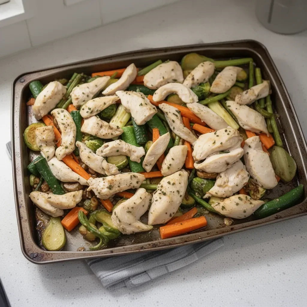Sheetpan Garlic Chicken and assorted veggies on a baking tray, ready to serve.