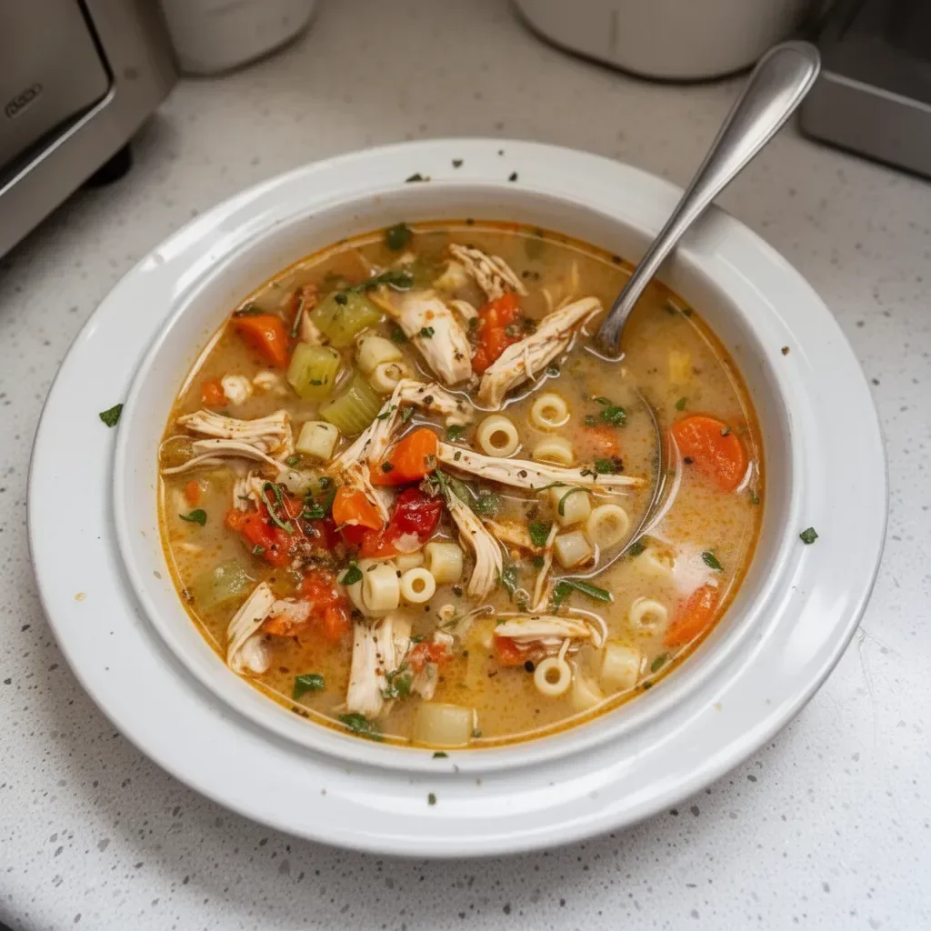 Bowl of hearty Sicilian Chicken Soup with fresh herbs and vegetables.