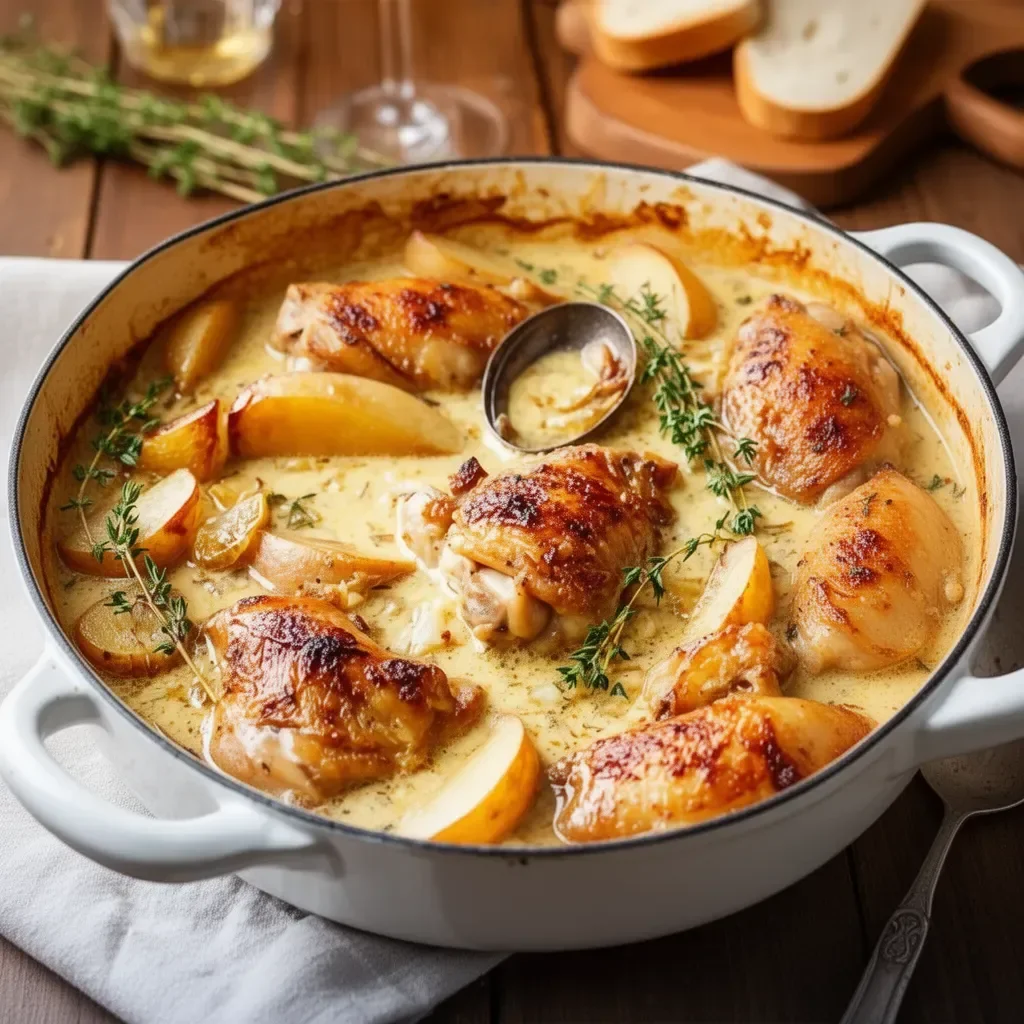 Simple French Chicken Casserole in a baking dish with fresh herbs.