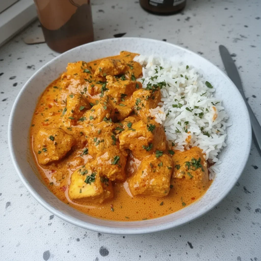 Delicious slow cooker butter chicken served with rice and herbs