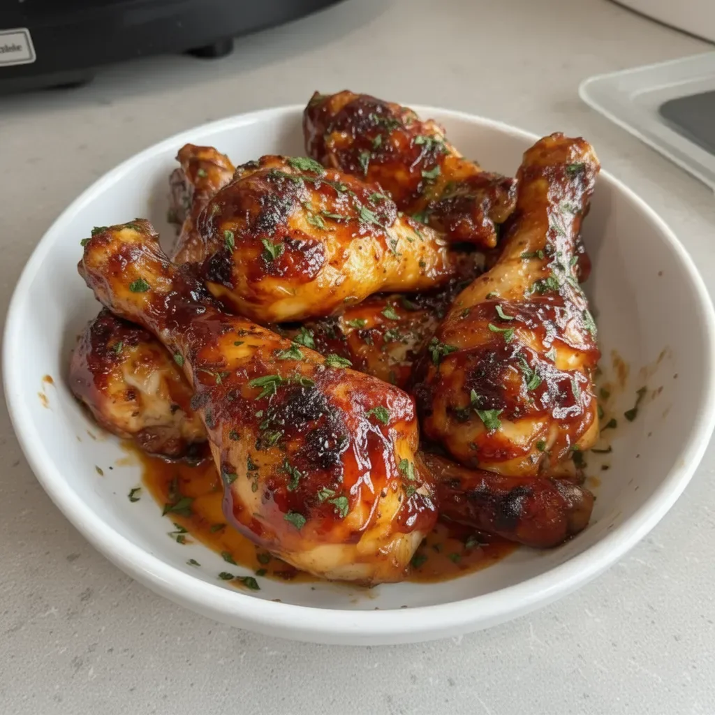 Slow cooker honey BBQ chicken drumsticks ready to serve on a plate