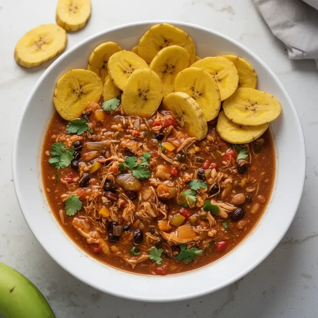Bowl of Slow Cooker Jamaican Jerk Chicken Chili served with plantain chips.