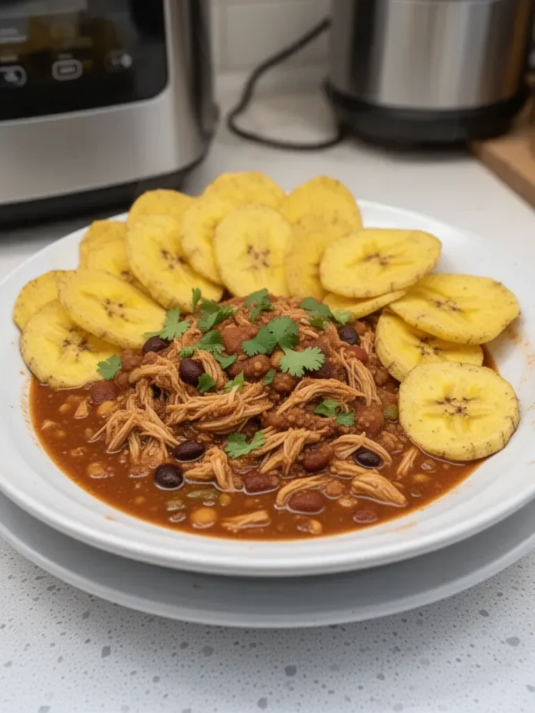 Slow Cooker Jamaican Jerk Chicken Chili with Plantain Chips
