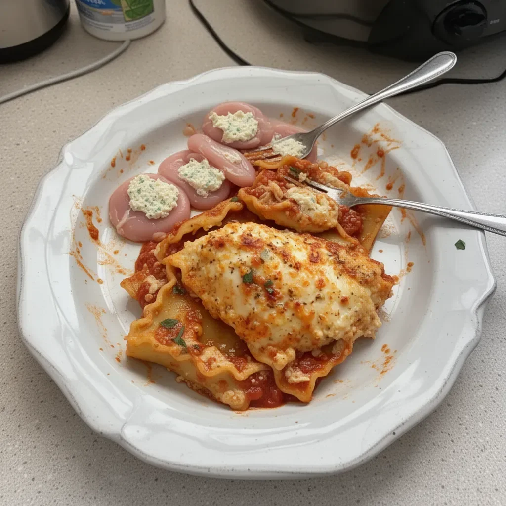 Delicious slow cooker lasagna layered with cheese and sauce in a crockpot.