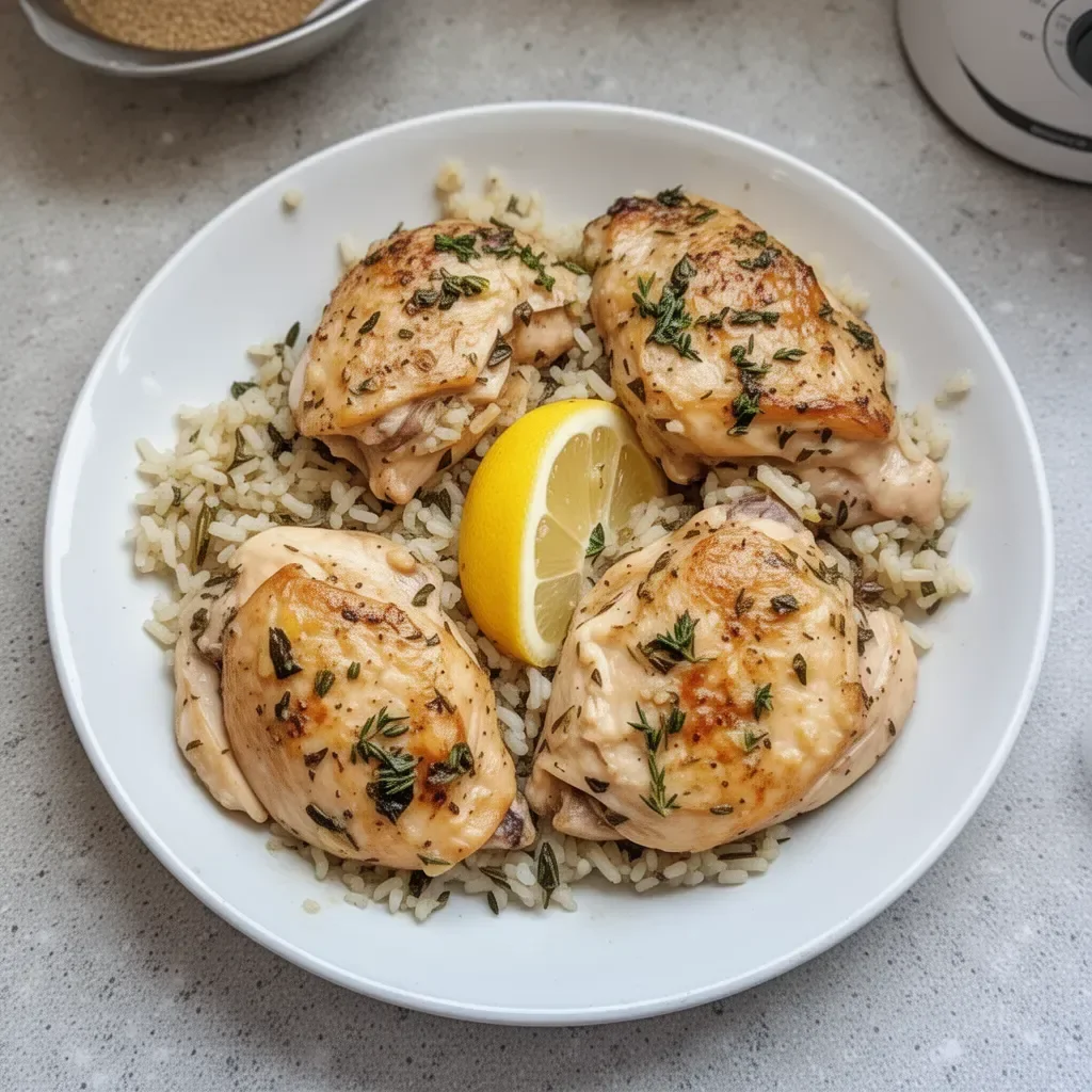 Slow cooker lemon herb chicken served with rice in a bowl