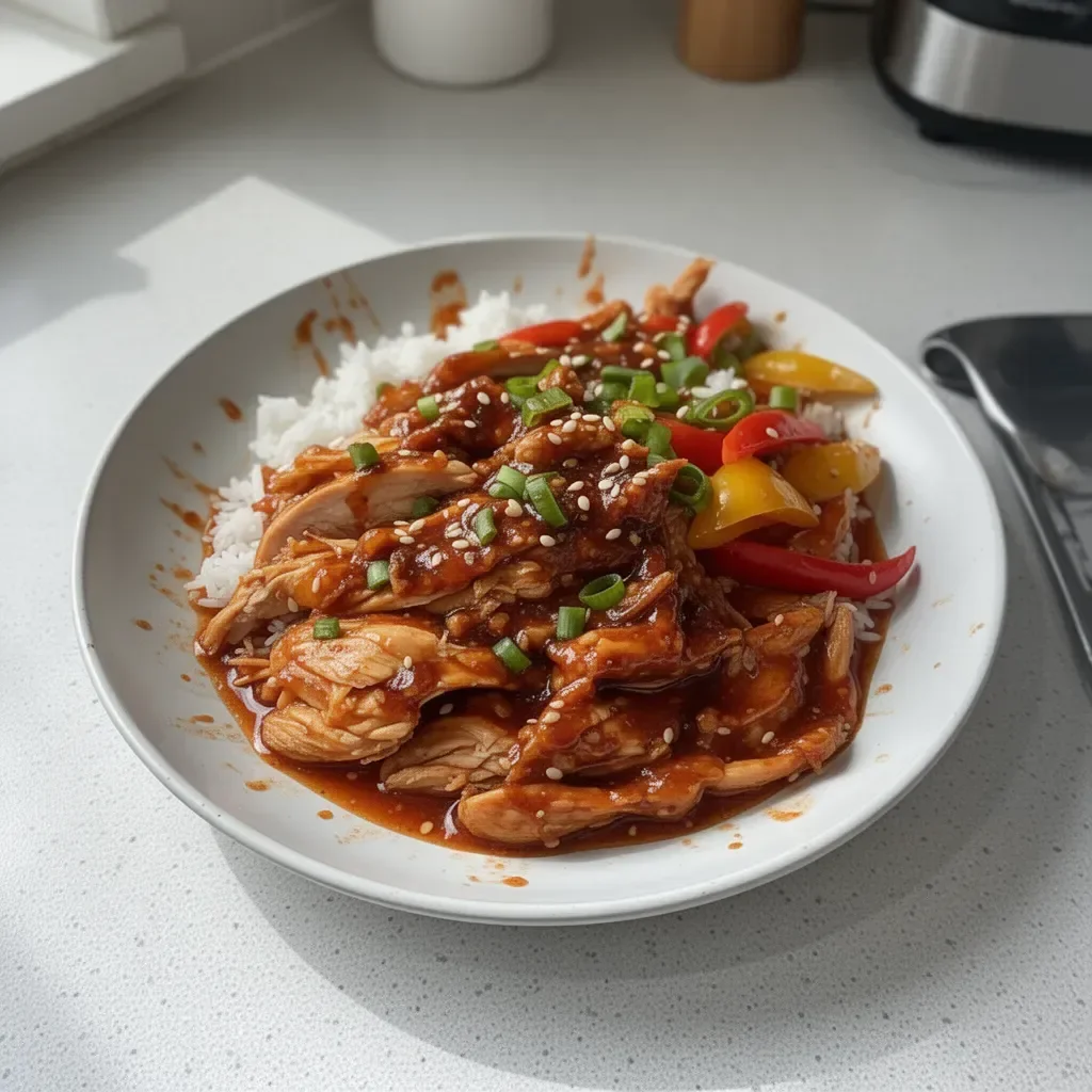 Slow cooker sweet chili chicken served on a plate