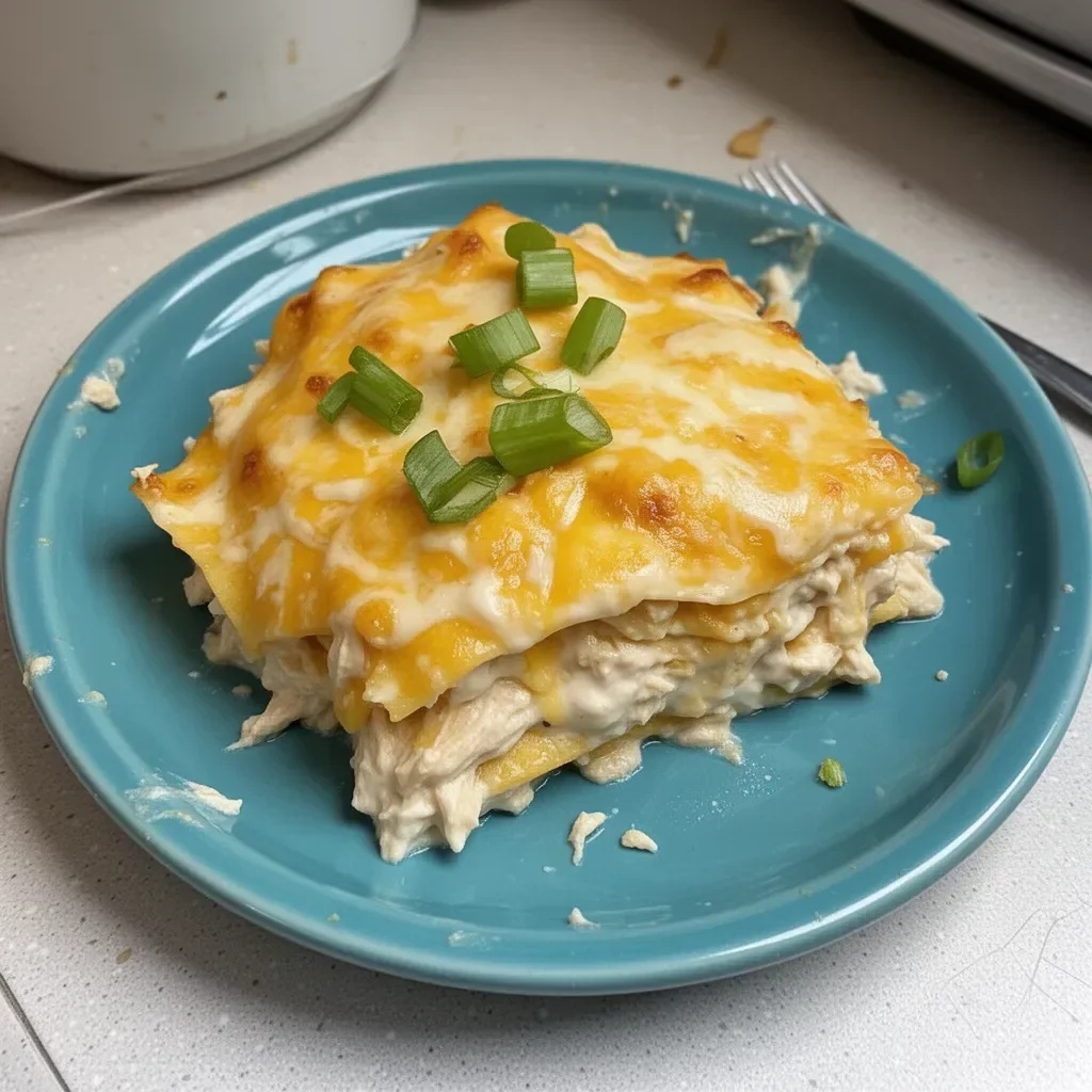 Sour Cream Chicken Enchilada Casserole topped with cheese and sour cream