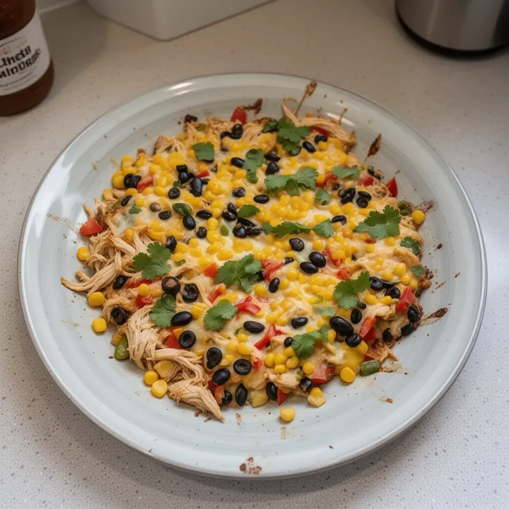 Delicious Southwest Chicken Casserole topped with cheese and vegetables
