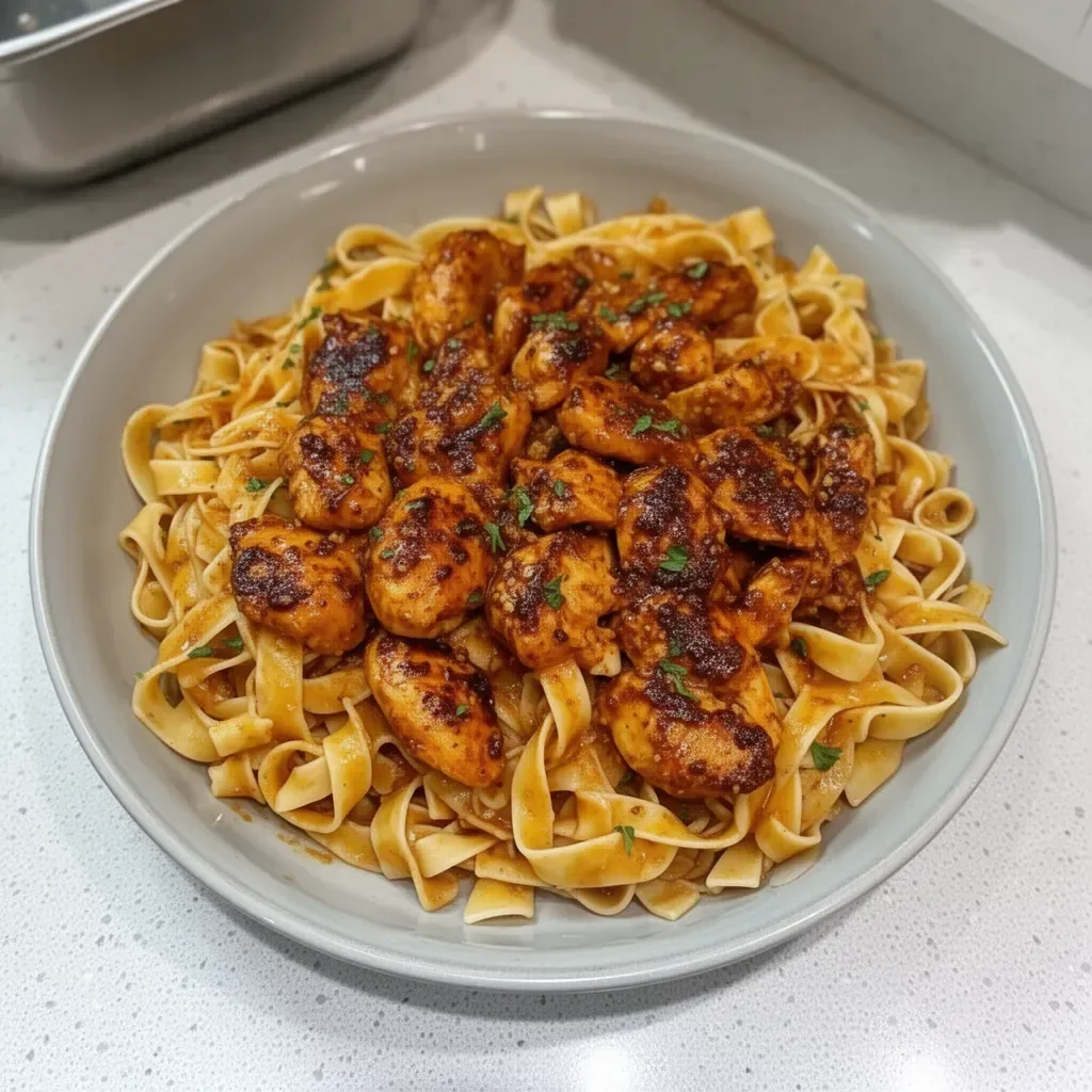 Spicy Cajun Honey Butter Chicken Pasta served in a bowl with fresh herbs