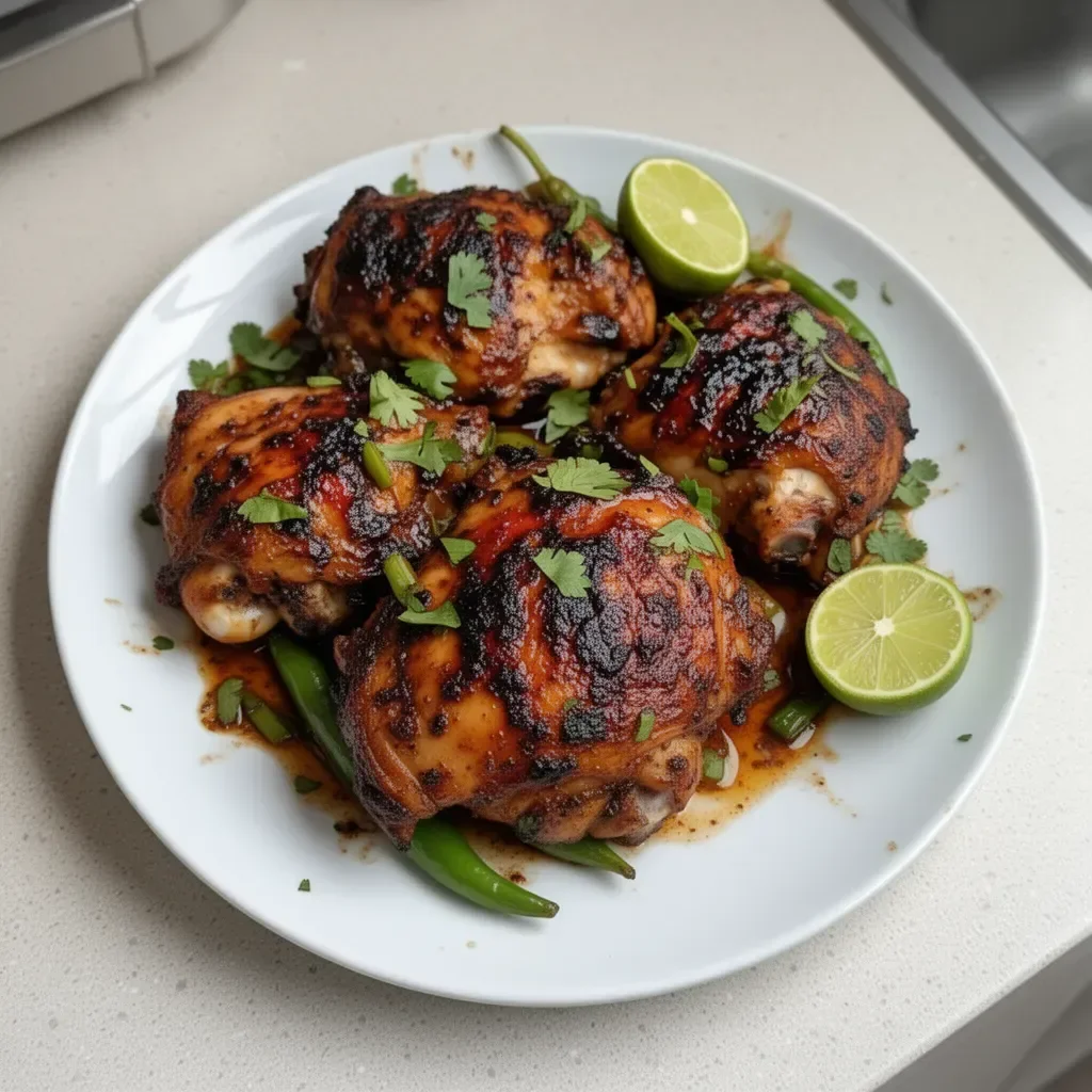 Plate of spicy Caribbean jerk chicken garnished with herbs and spices