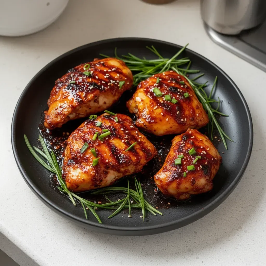 Delicious Spicy Gochujang Chicken served with vibrant vegetables and rice