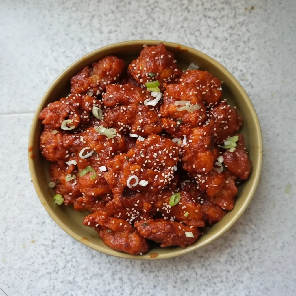 Plate of spicy Korean fried chicken garnished with herbs and chili