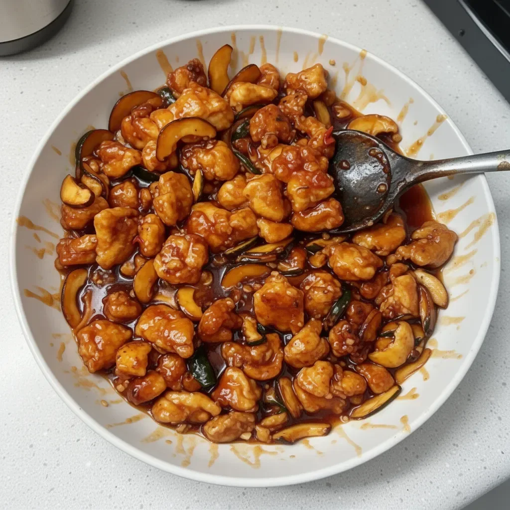 Delicious plate of spicy orange chicken garnished with fresh herbs