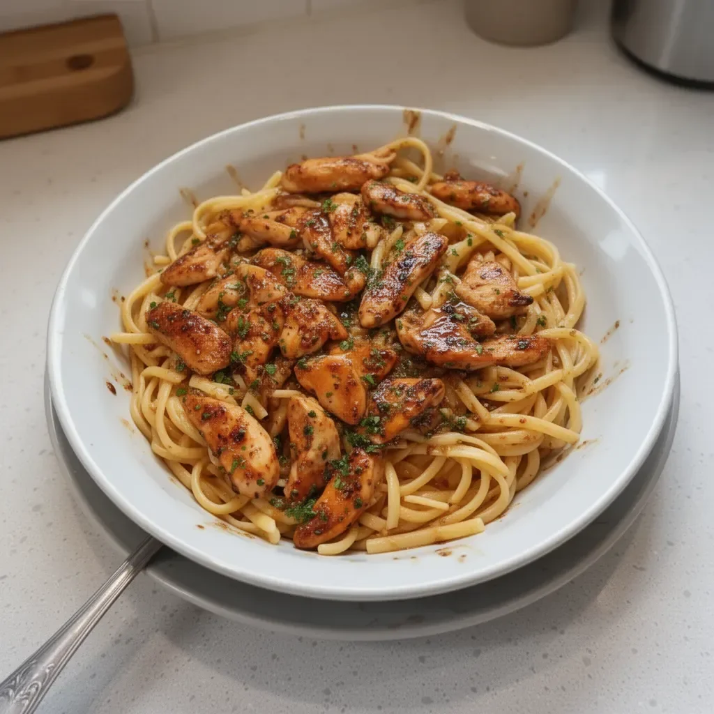 Delicious sticky smoky garlic butter chicken pasta in a bowl