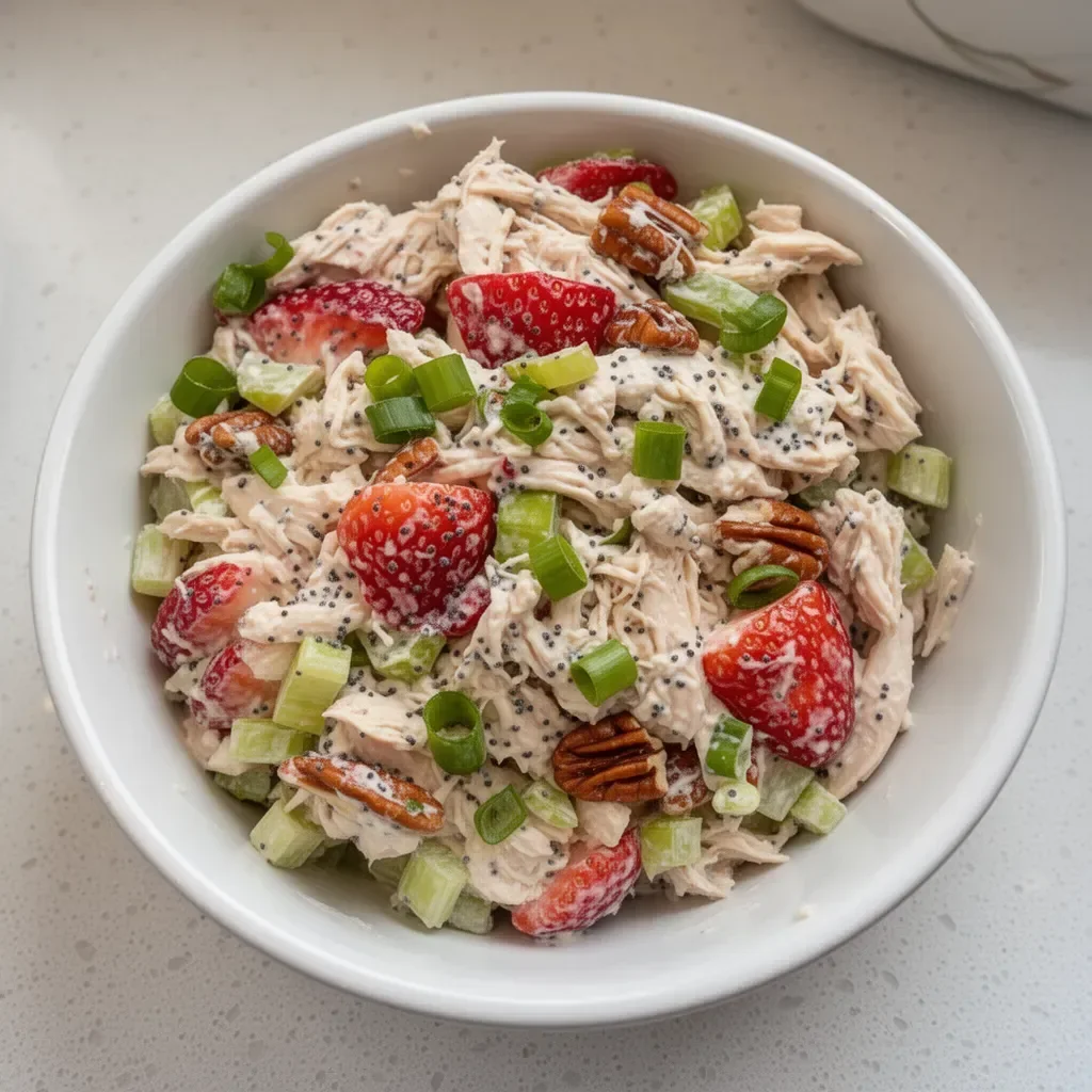 Strawberry Pecan Poppy Seed Chicken Salad with fresh ingredients