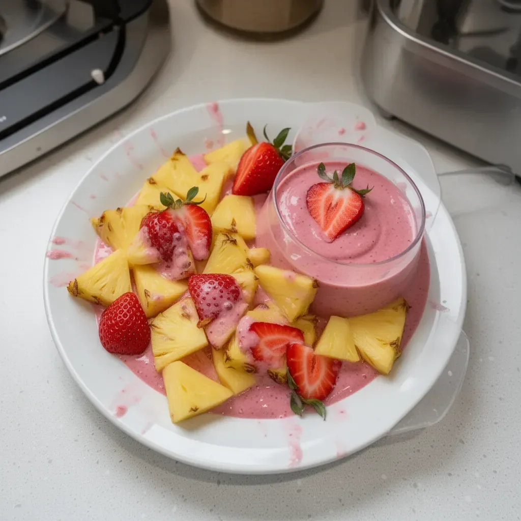 Delicious strawberry pineapple smoothie in a glass with fresh fruit garnish
