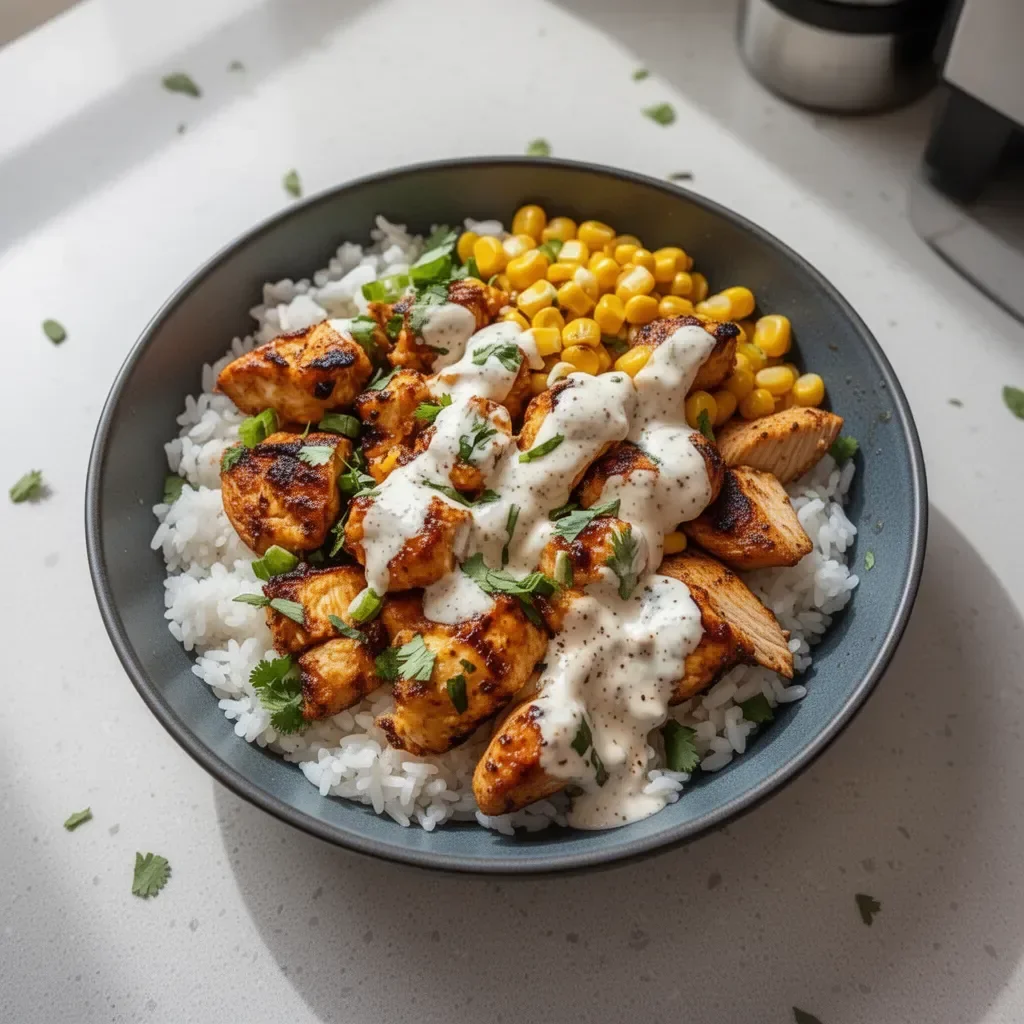 Delicious Street Corn Chicken Rice Bowl with chicken, corn, and rice served in a bowl.