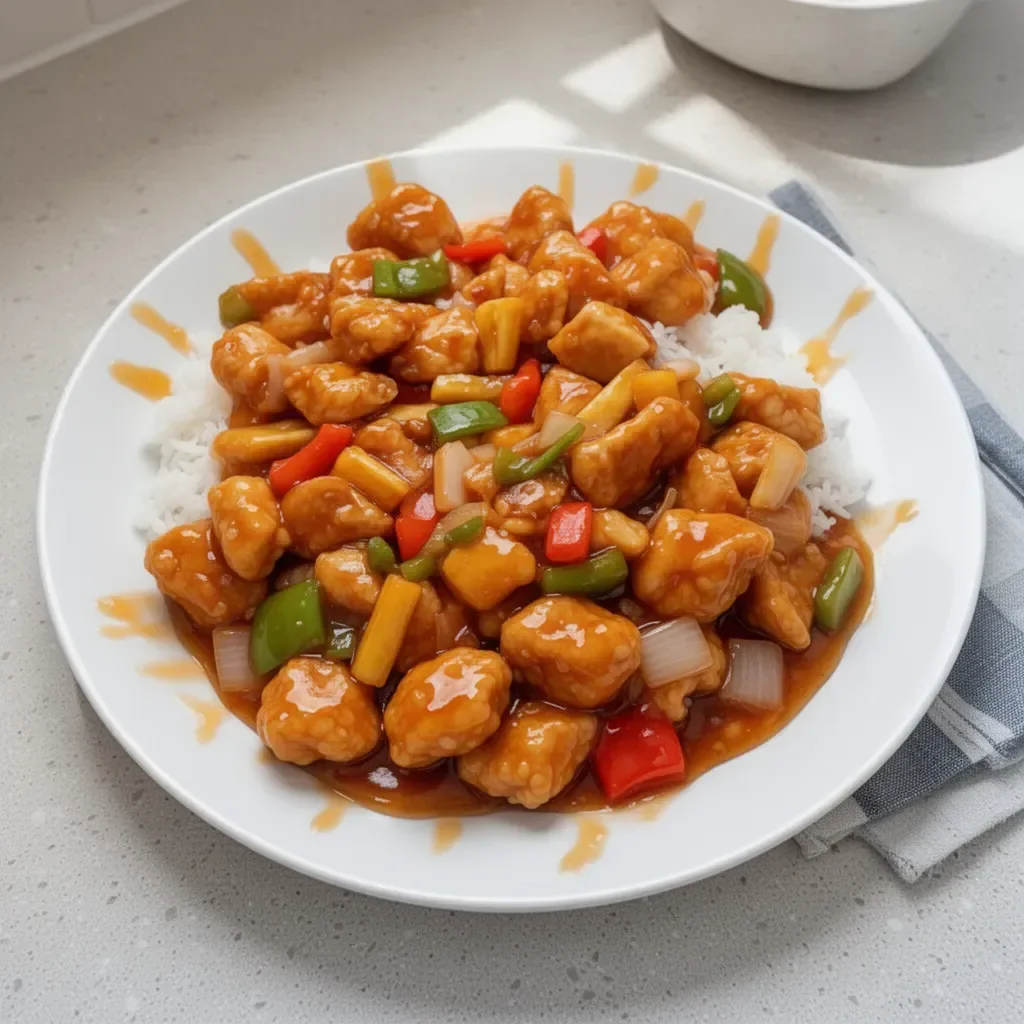 Deliciously prepared Sweet and Sour Chicken served with colorful vegetables