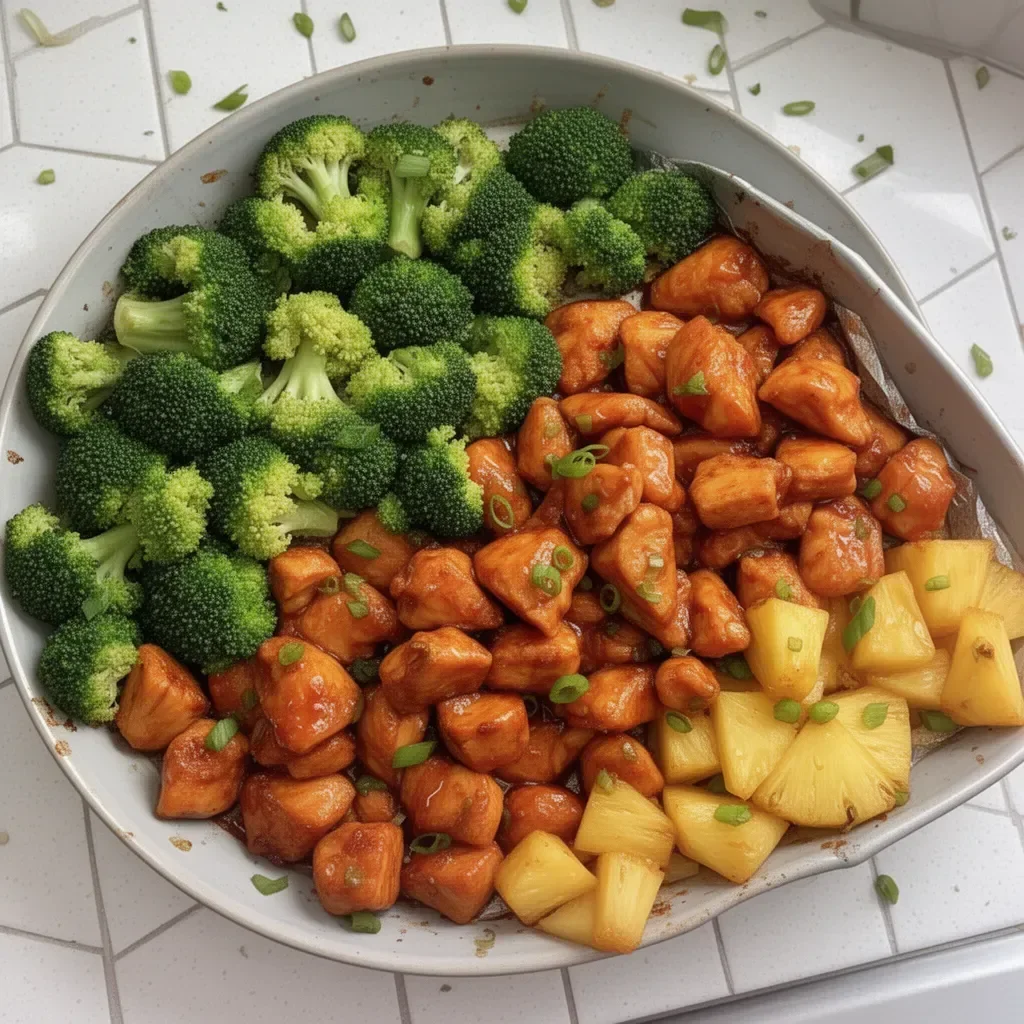 Sweet Sheet Pan Pineapple Chicken with Broccoli cooked on a sheet pan