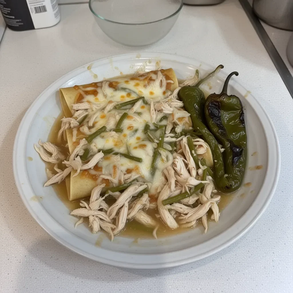 Plate of Swiss Enchiladas filled with chicken and roasted poblanos
