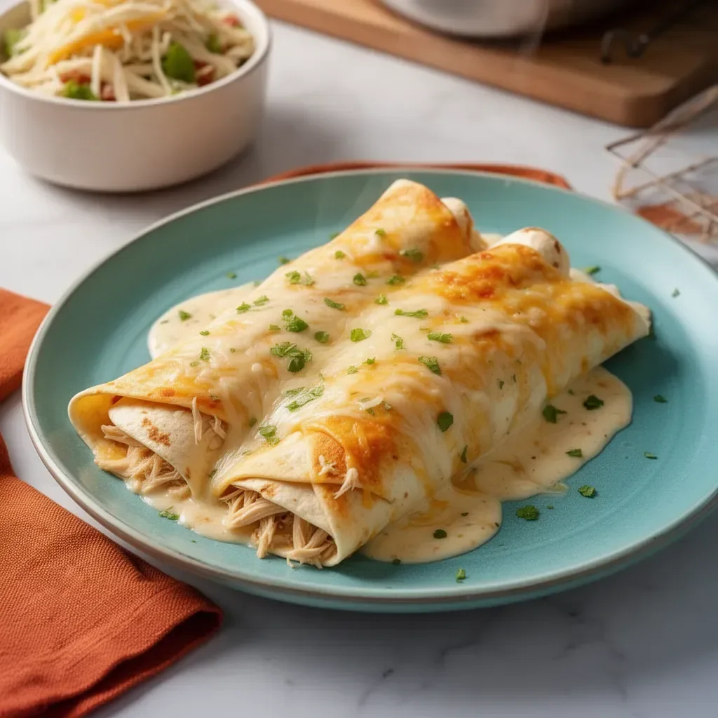 Tasty white rotisserie chicken enchiladas served on a plate with toppings
