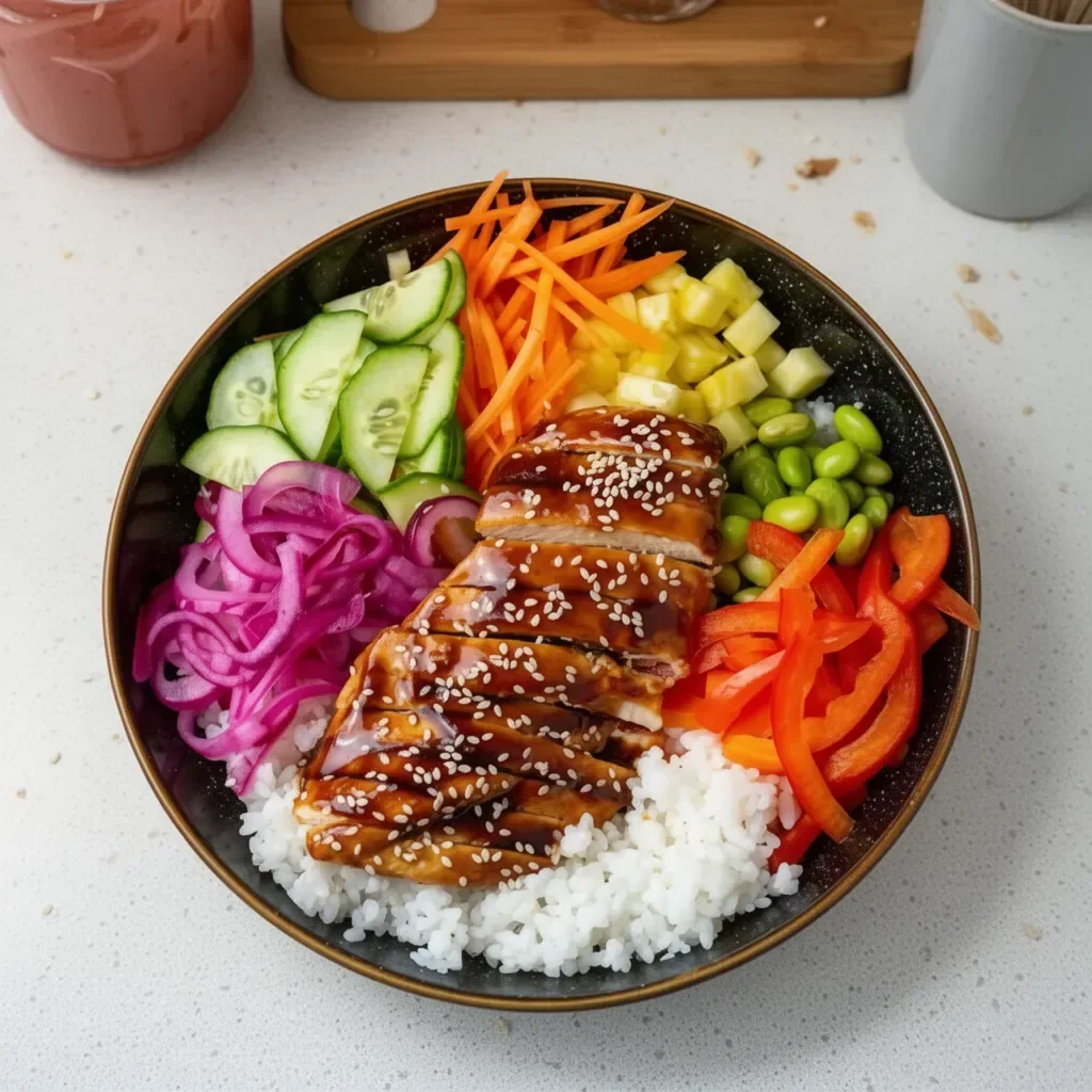 Delicious Teriyaki Chicken Poke Bowl with fresh veggies and rice