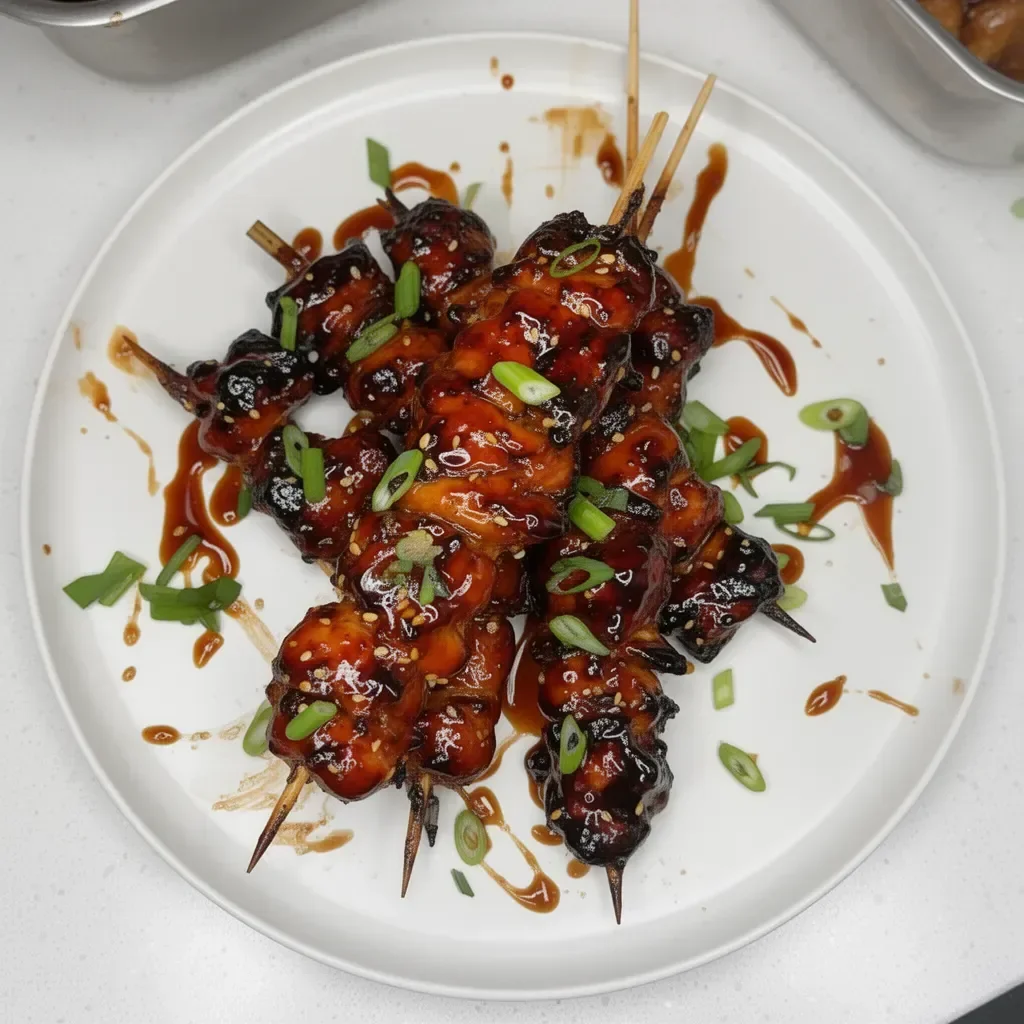 Grilled Teriyaki Chicken Skewers served on a plate with vegetables