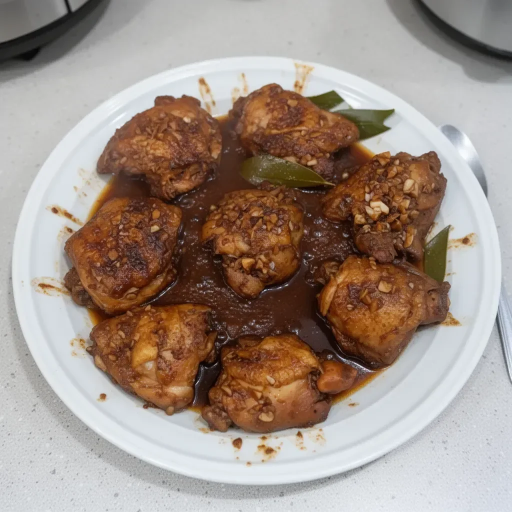 Delicious Filipino chicken adobo served in a bowl with rice and garnished herbs