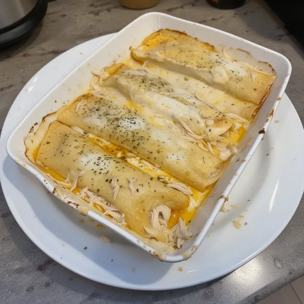Creamy white chicken enchiladas topped with cheese and cilantro