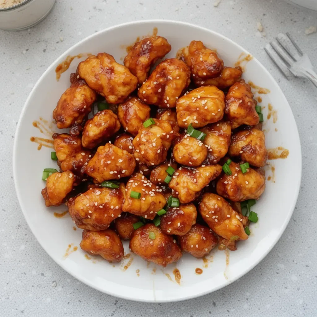 Crispy air fryer orange chicken served with vegetables and rice