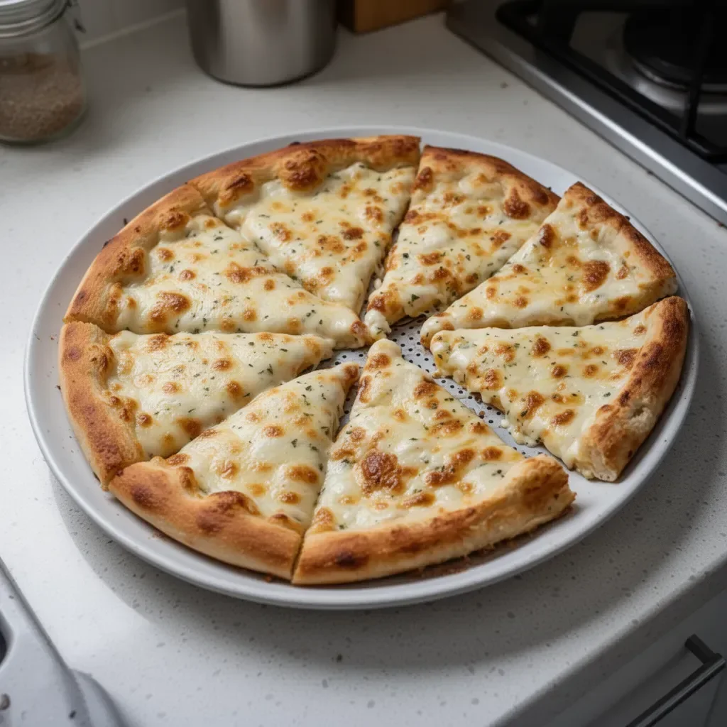 Delicious slice of Alfredo pizza topped with creamy sauce and fresh ingredients.