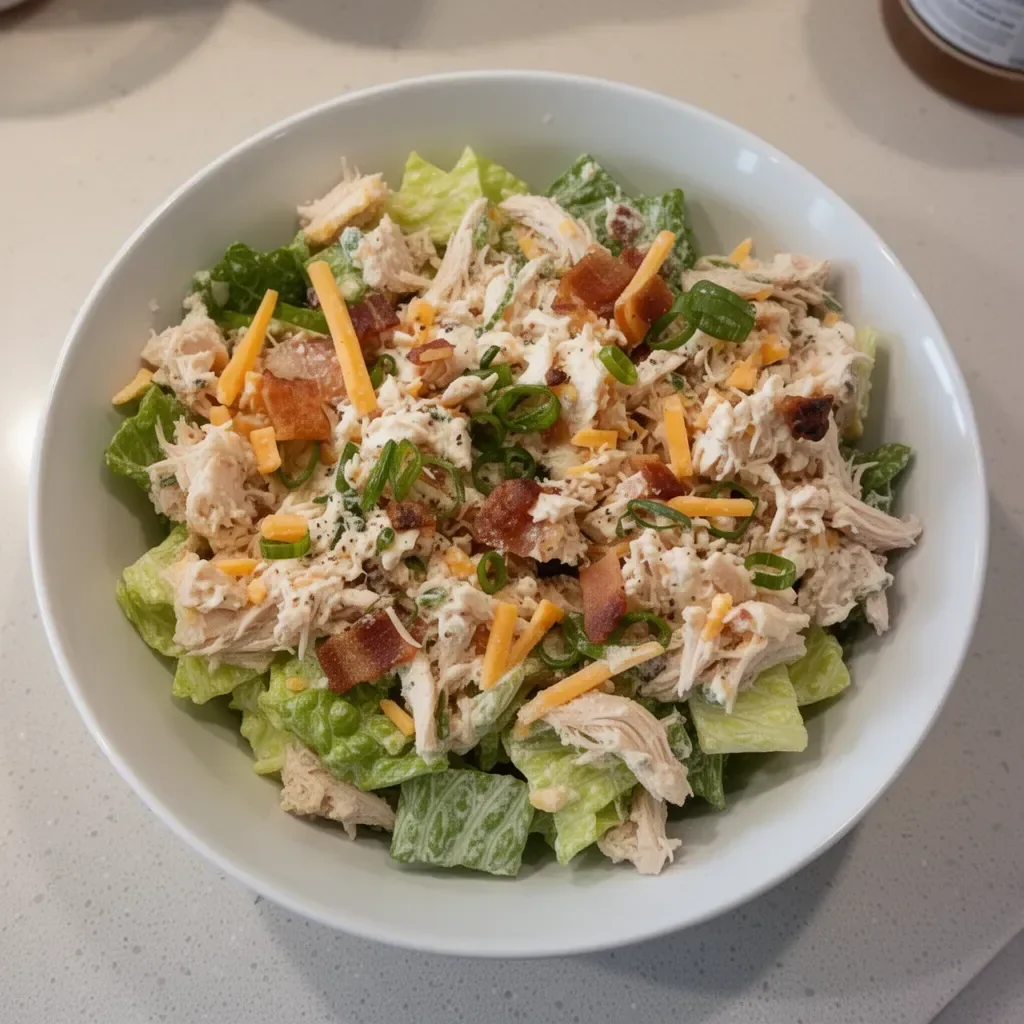 Low carb Bacon Ranch Chicken Salad topped with Cheddar cheese