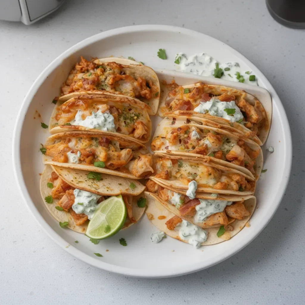 Baked Chicken Bacon Ranch Tacos topped with fresh ingredients