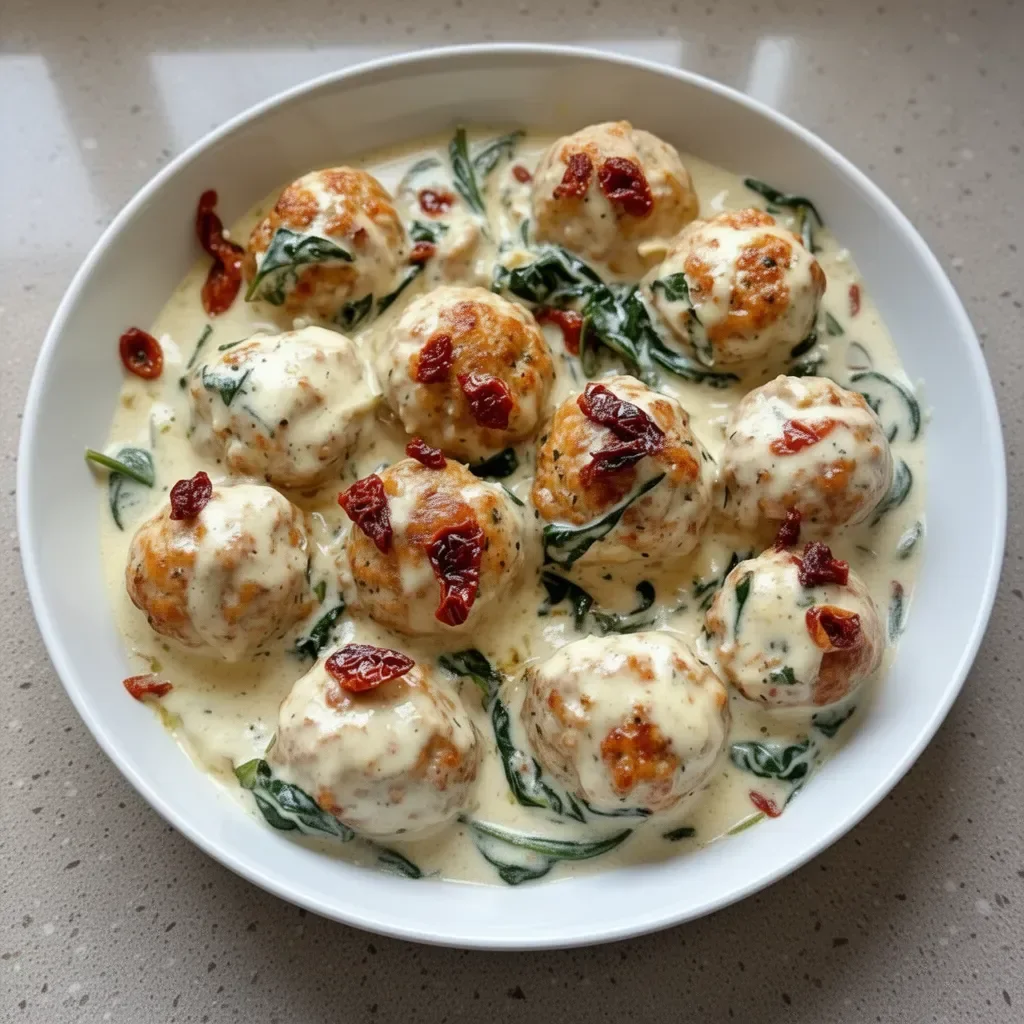Baked Chicken Ricotta Meatballs served with creamy Spinach Alfredo Sauce