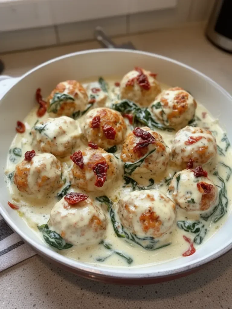 Baked Chicken Ricotta Meatballs with Spinach Alfredo Sauce