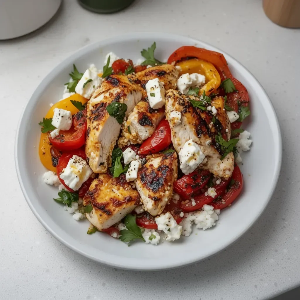 Baked chicken topped with crispy feta and zesty vinaigrette on a plate.