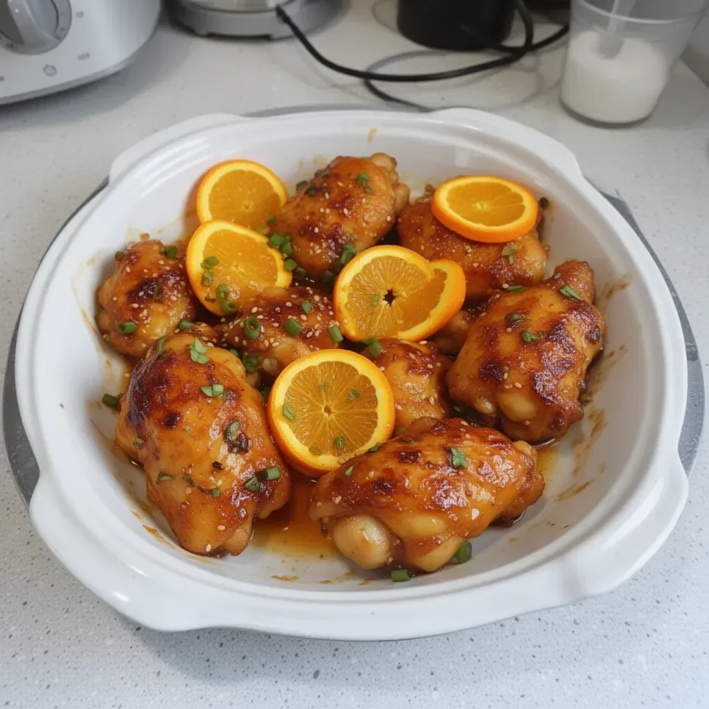 Baked orange chicken served on a plate with vegetables and sauce