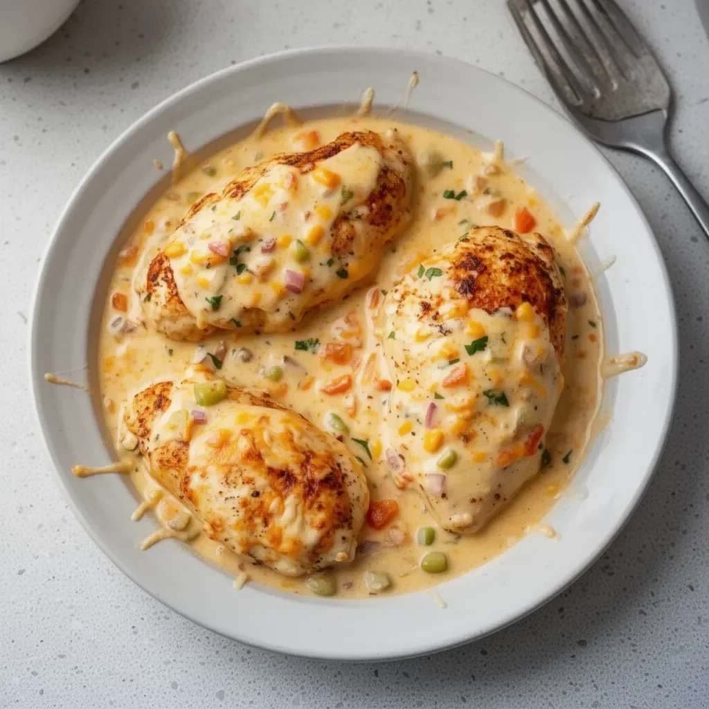 Delicious Baked Queso Chicken plated with toppings.