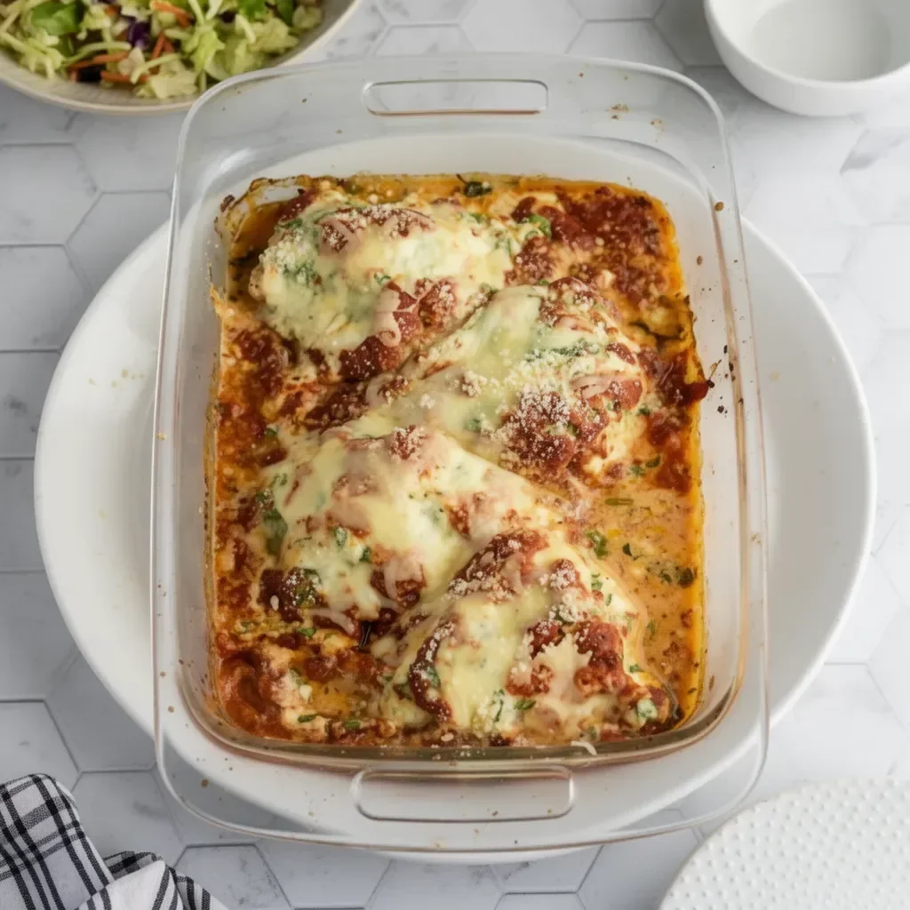 Baked Ricotta Chicken garnished with herbs on a plate.