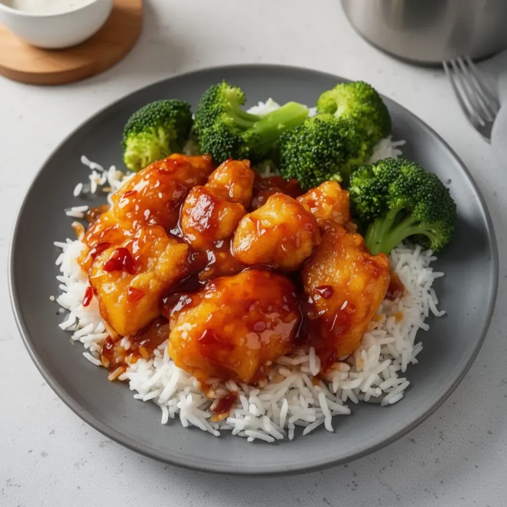 Baked sweet and sour chicken served with colorful vegetables on a plate
