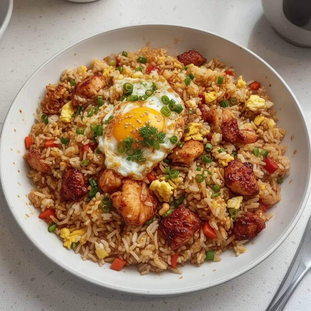 A vibrant bowl of Bang Bang Fried Rice garnished with fresh herbs and vegetables.