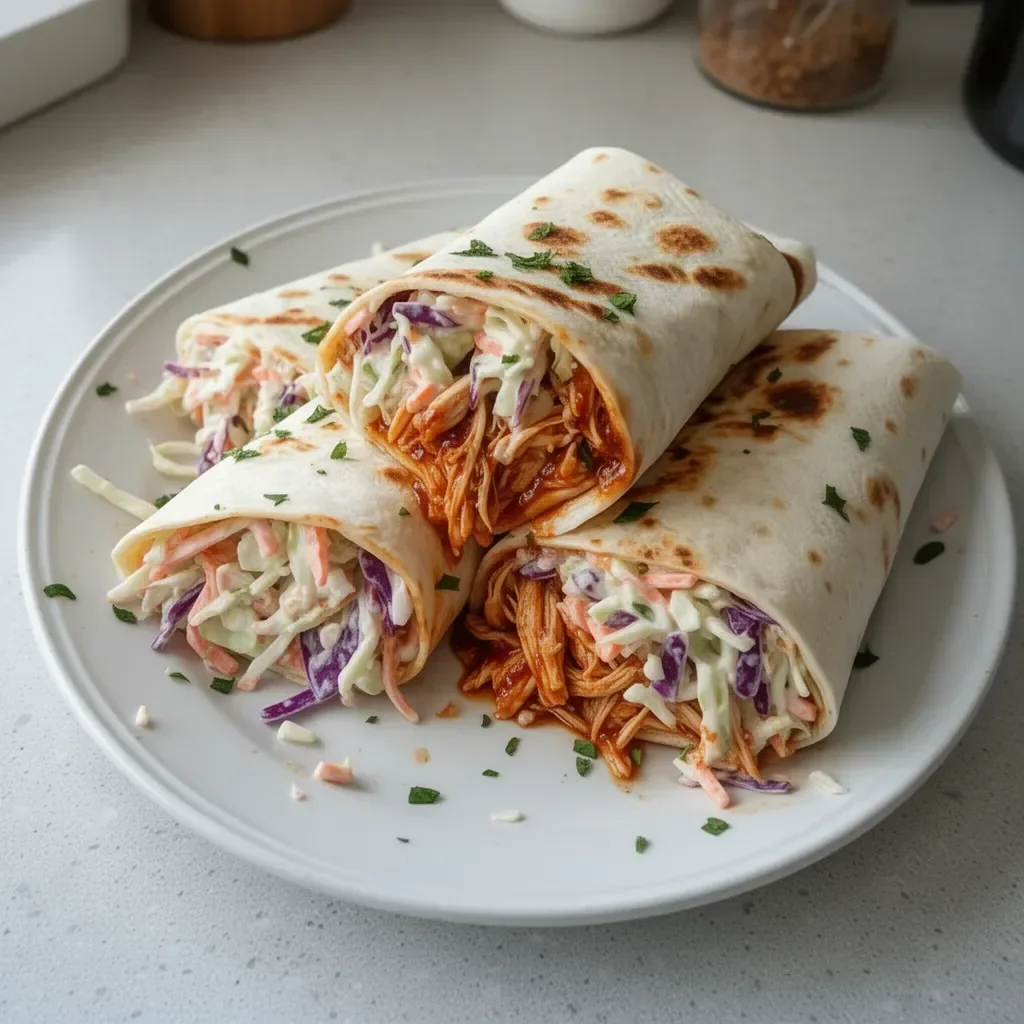 BBQ chicken coleslaw wraps served on a plate with fresh ingredients